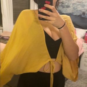 mustard yellow front tie short sleeve top